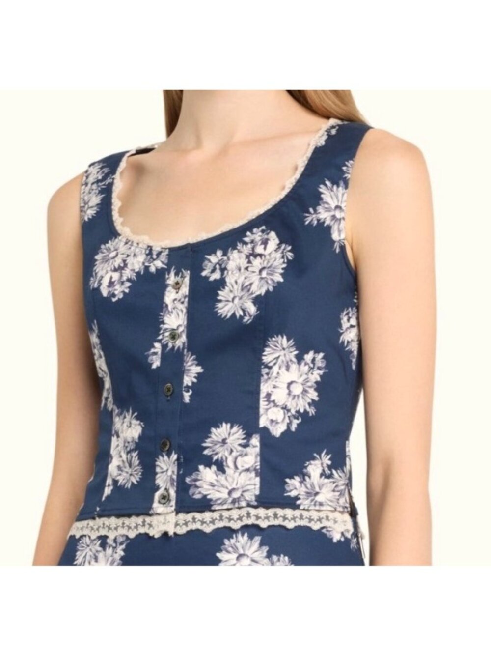 Jason Wu Women's Sz 12 Navy Floral Button-Up Sleeveless Top With Lace Hem